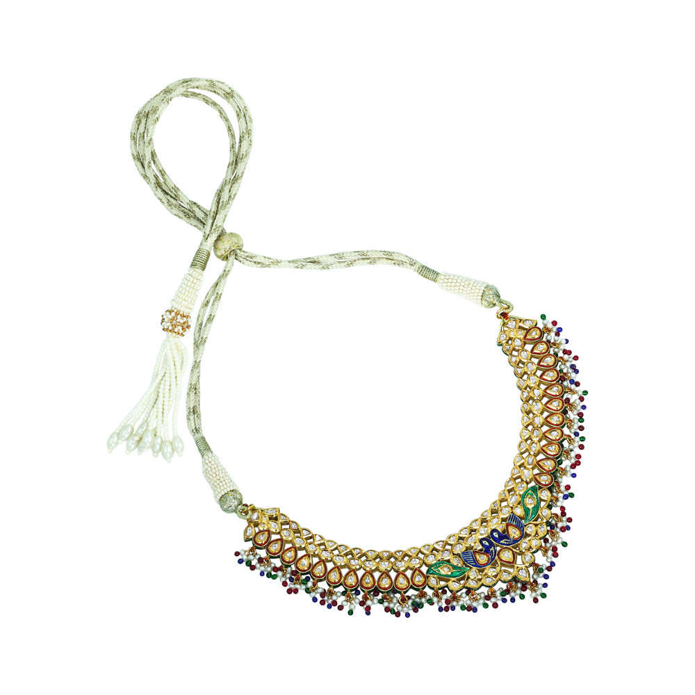 Polki Necklace with Peacock Enamel and Multicolour Beads